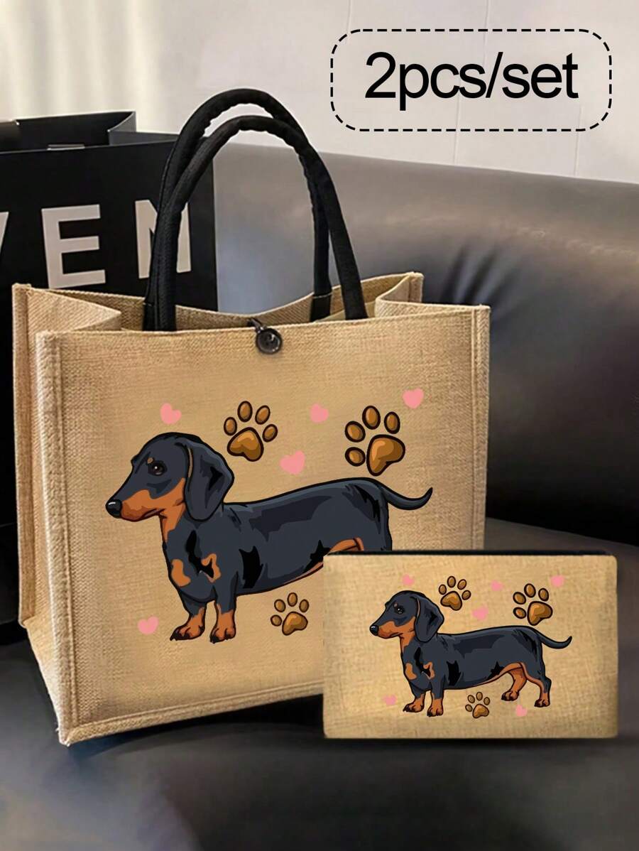 黄色亚麻带扣手提包，印有黑狗图案，包括一个大包和一个小钱包、手提包和零钱包、手提包和钱包、简约耶稣字母印花亚麻手提包、卡包、适合教师的多功能便携式手提包