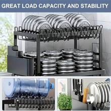 2-poziomowa duża suszarka do naczyń ze stali nierdzewnej z ociekaczem do blatu kuchennego - mieści talerze, noże, kubki i deski do krojenia, czarna, oszczędzająca miejsce konstrukcja do małych kuchni, organizer na blat kuchenny | Nowoczesne akcesoria kuchenne | Uchwyt o dużej pojemności, suszarka do naczyń do blatu kuchennego