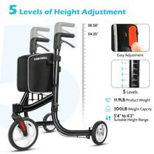 COSYWILL 3 Wheel Rollator Walkers For Seniors,Ultra Lightweight Foldable Walker For Elderly With Storage Bag, 10" Three Wheel Modern Mobility Walking Aid Aluminum,Red - 黑色 - 查看 3