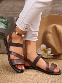 新款夏季女士平底凉鞋、休闲拖鞋、沙滩凉鞋、罗马凉鞋 - 咖啡色 - 查看 5