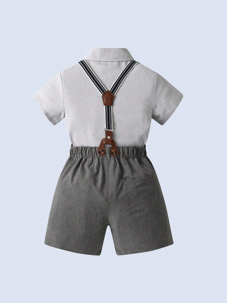 BOARNSEORL 2pcs Young Boys Formal Outfit Set - Short Sleeve Shirt With Bowknot And Suspender Shorts, Suitable For Banquet, Party, Performance, Wedding And Daily Outings - Grey - View 1