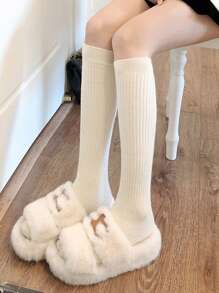 1 Pair Thick Knee-High Socks, White & Grey Color, Warm For Spring/Autumn