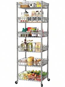 6 Tier Wire Shelving Unit With Wheels Baskets Storage Rack Corner Shelves Adjustable Shelf Closet Bathroom Organizers Metal Pantry Kitchen Garage Laundry Room 13.5" D X 13.5" W X 63" H Silver - White - View 8