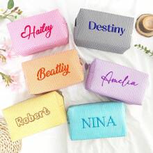 Embroidered Name Makeup Bag, Custom Makeup Bag, Travel Essentials, Corduroy Makeup Pouch Custom, Sanitary Napkin Storage Bag, Bridal Shower Gift,Travel Makeup Bag, Personalized Storage Bag, Makeup Bag, Travel Accessories Multi-Functional,Space-Saving,Letter,Striped Exquisite,Stylish,Tidy,Contracted,Casual,Basics Unique Treasurefinds,Girls Gift,Holiday Gift Ideal Gifts For Her Girlfriend,Family,Friends For Anniversaries