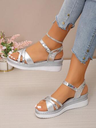 Damsandaler med kilklack, enfärgad rem Casual sandaler för strand, bröllop, utomhus, sommar