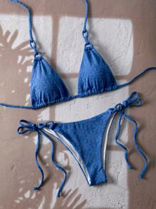 女士夏季沙滩纹理比基尼套装吊带三角文胸上衣和侧系带比基尼下装两件套泳衣