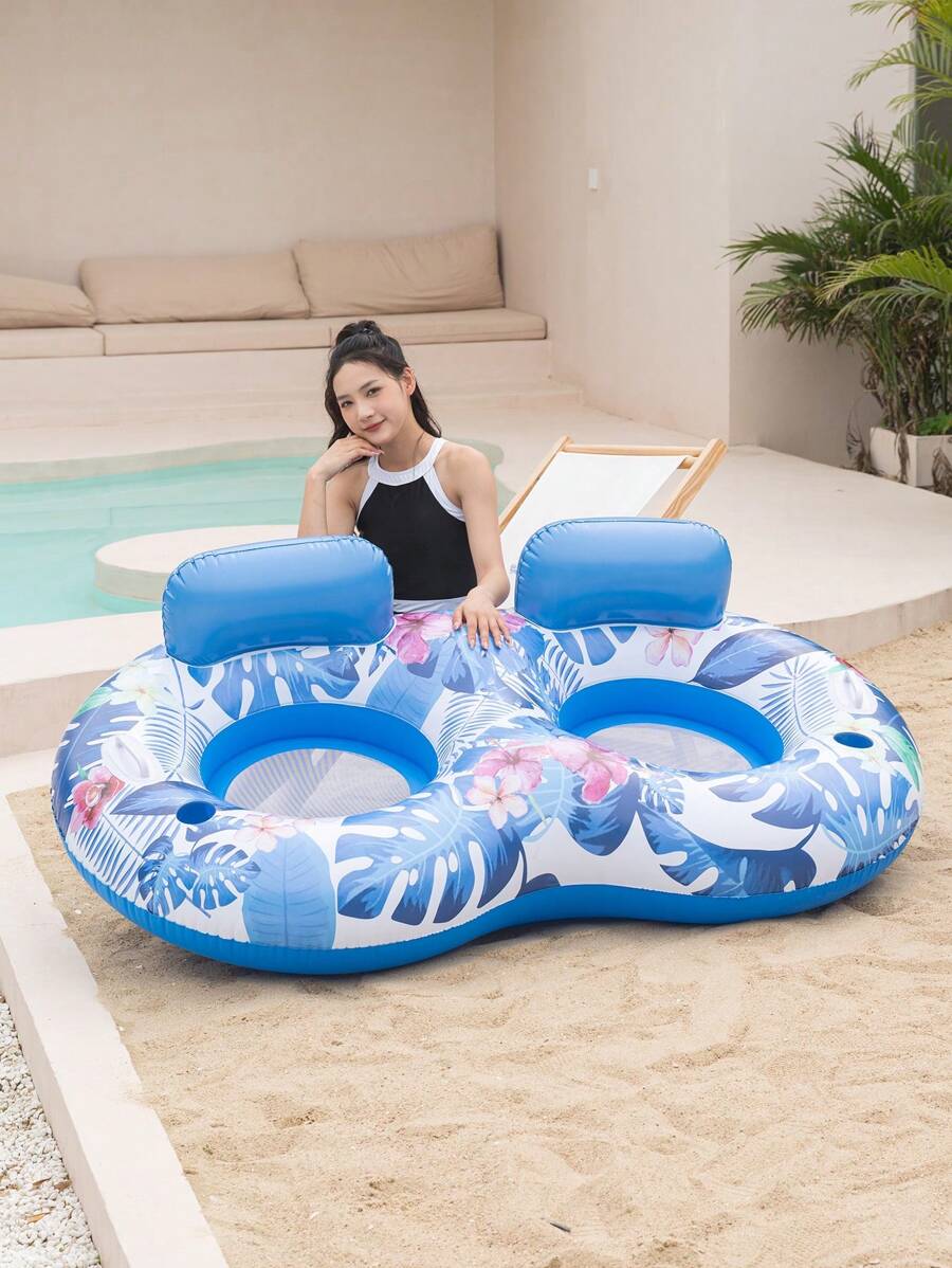 1pc Adult Inflatable Swimming Pool Float Leaf Pattern Lounger, Summer Essential! Portable Inflatable Water Floating Chair, Swimming Pool & Beach Vacation Must-Have, Enjoy Floating Fun! - Blue - View 1