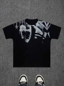 Black Graphic Print Round Neck T-Shirt, Men's Simple, Sports, Casual, Loose, Short Sleeve Top For Summer