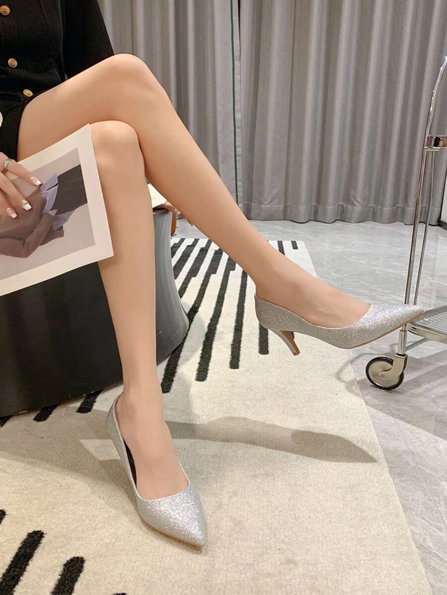 Women's Pointed Toe Glittering Fashionable Elegant High Heel Shoes - Silver - View 1