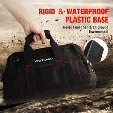WORKPRO 16-Inch Wide Mouth Tool Storage Bag With Waterproof Rubber Base, Durable Polyester, Multiple Compartments, Shoulder Strap & Zippered Pockets For Easy Organization, Professional Tool Organizer | Logo Visible Bag | Sturdy Zipper Closure, Tool Bag