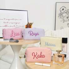 Embroidered Name Makeup Bag, Custom Makeup Bag, Travel Essentials, Corduroy Makeup Pouch Custom, Sanitary Napkin Storage Bag, Bridal Shower Gift,Travel Makeup Bag, Personalized Storage Bag, Makeup Bag, Travel Accessories Multi-Functional,Space-Saving,Letter,Striped Exquisite,Stylish,Tidy,Contracted,Casual,Basics Unique Treasurefinds,Girls Gift,Holiday Gift Ideal Gifts For Her Girlfriend,Family,Friends For Anniversaries