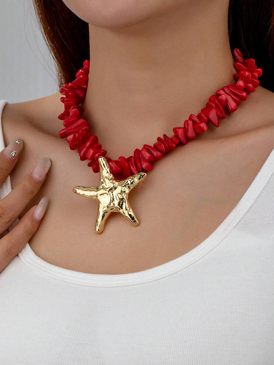 1pc Summer Beach Starfish Necklace, Red Shell Fragment Beaded Necklace, Vacation Ocean Boho Style Jewelry For Women - Multicolor - View 1