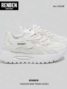 RENBEN New INS Korean Style Women's Chunky Sneakers, Student Running Athletic Thick Sole Casual Streetwear Lace-Up Solid Color - Beige - View 8