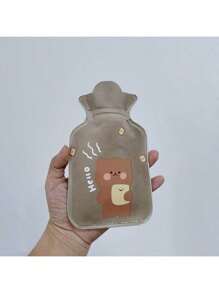 1pc Cartoon Print Water Injection Hot Water Bottle, 300ml, Flocked PVC Material