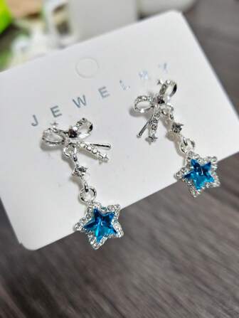 1 Par de pendientes con colgantes de lazo con estrella de cristal azul dulce para mujeres, San Valentín, mamá, madre, Día de la Madre, regalo