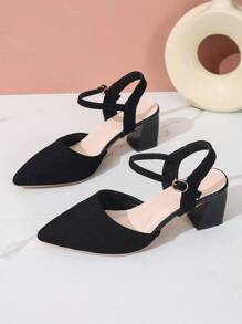 Women's Fashion Sexy Pointed Toe Thick Heel Sandals With Ankle Strap, Closed Toe Slip On Pumps Shoes, Spring/Summer