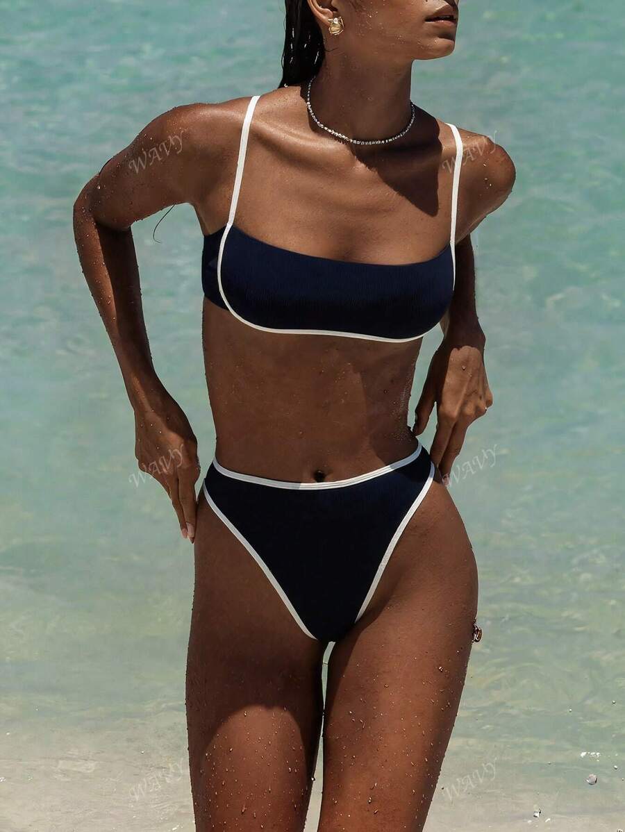 Women Simple Spliced Tie Back Sexy Bikini Set High Waist Bathing Suits Beach Outfit