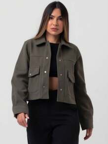 TRAFZA Women's Autumn Jacket, Fashion 3D Front Pocket Button Long Sleeve Coat, Elegant Women's Casual Jacket