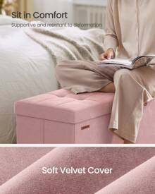 SONGMICS Storage Ottoman Bench, Folding Storage Chest, 15 X 43.3 X 15.7 Inches, Foot Rest Stool, 30 Gal. (112 L), Velvet Surface, For Bedroom, Entryway, Living Room - 粉色 - 查看 3