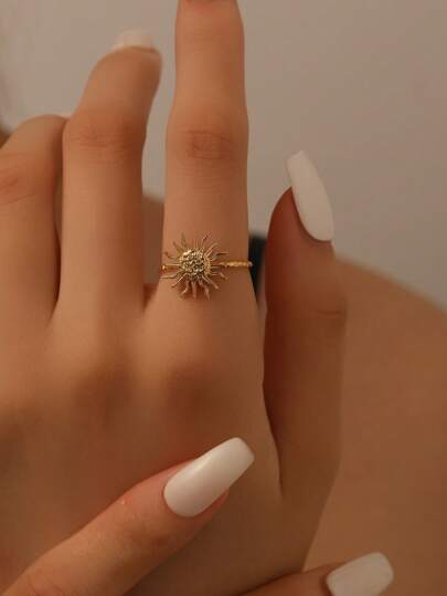 1pc Fashion Delicate 18K Gold Plated Stainless Steel Sun Shaped Open Ring, Non-Fading, Suitable For Date, Gift And Daily Wear