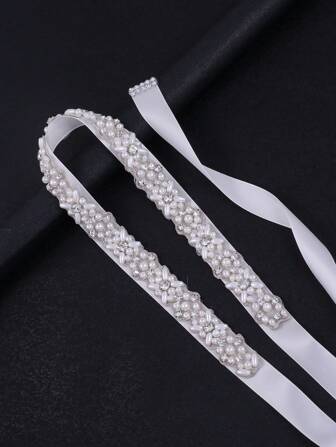 1pc Handmade Pearl & Rhinestone Silver Bridal Waist Belt Sash Accessory,With White Dress