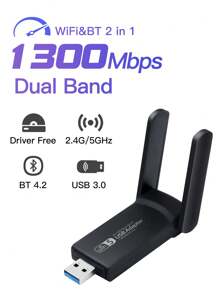 FENVi AC1300 USB WiFi BT適配器，適用於桌上型電腦USB 3.0 WiFi雙頻網路適配器，搭配2.4GHz/5GHz高增益天線，適用於桌上型電腦/筆記本電腦，適用於Windows 7/10/11 - 黑色 - 查看 2