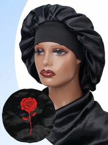 1PC Women's Print Satin Hair Bonnet Wide Brim Hat Sleep Night Caps For Wig And Hair Protection - Black - View 19