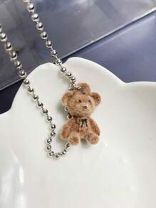 1pc Cute Milk Printed Flocked Bear Pendant Necklace, Clavicle Chain Sweater Jewelry - Multicolor - View 5
