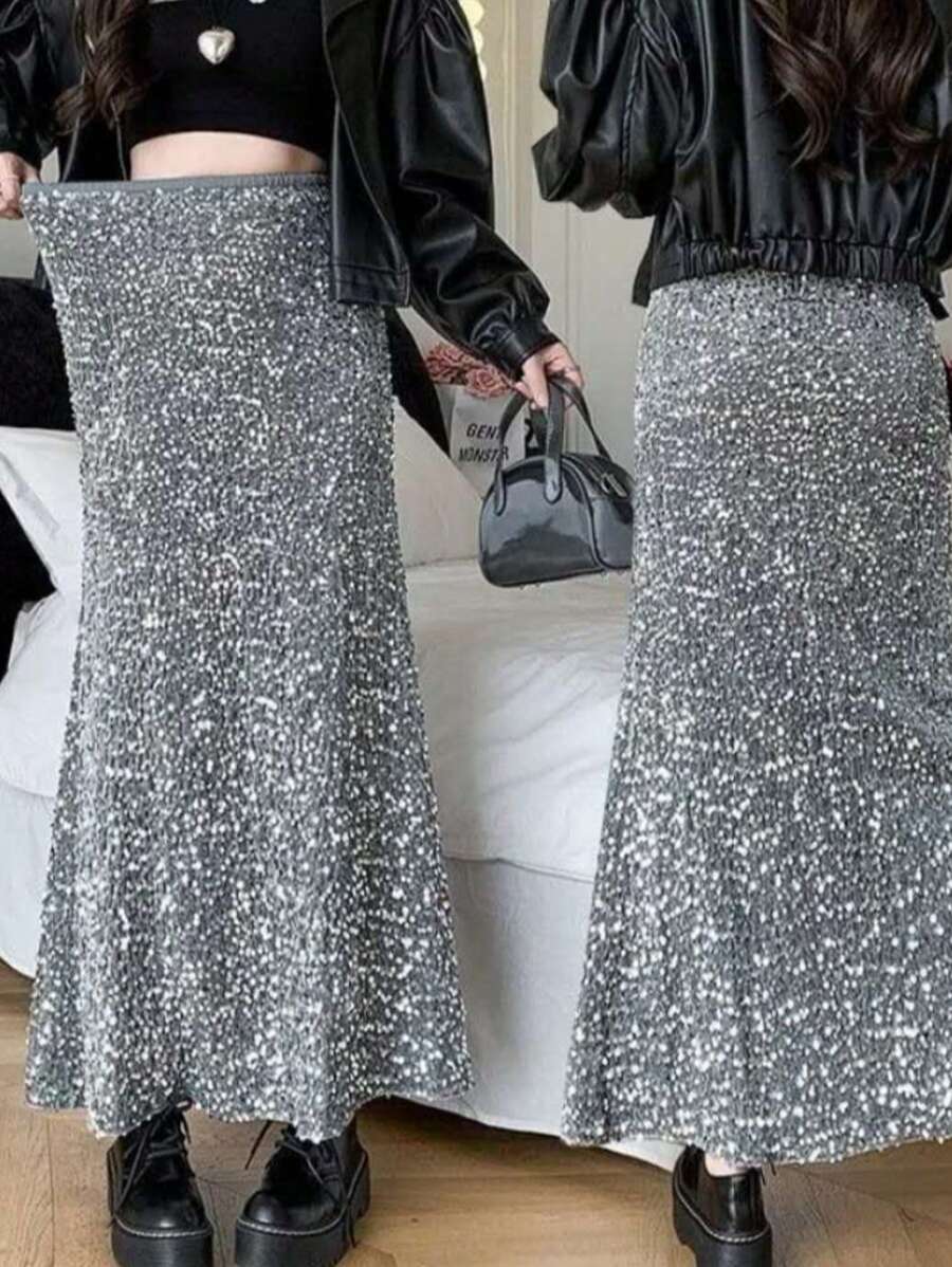 Elegant Sequin Velvet Skirt - Gris - Ver 1