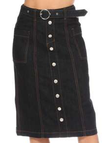 Denim Midi SkirtPlainCasualCuteDenimButtonPocketButton Frontdenim Skirt - Black - View 5