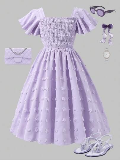 Tween Girl Casual Cute Elegant Off Shoulder Puff Sleeve Embroidered Dress, Spring/Summer