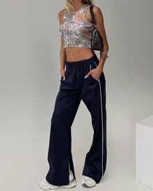 Womens Casual High Waist Straight Leg Pants 2025 Business Work Beach Vacation Outfits Lightweight Summer Pants Baggy Palazzo Pants - Navy Blue - View 1