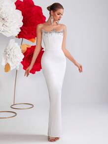 Elisanya Vestido de baile com strass, cintura alta, costas nuas, amarração e fenda, para baile de formatura, festa, noite, vestido de festa, vestido para convidada de casamento, vestido formal, vestido de noite - Branco - Ver 6