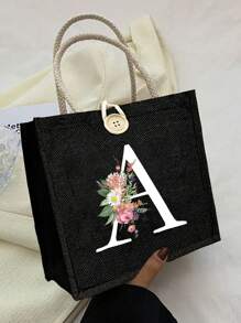 Letter Pattern Handbag Floral Print Linen Handbag Button Decorated Handbag Minimalist Large Capacity Handbag Portable Casual Storage Handbag - Black - View 7