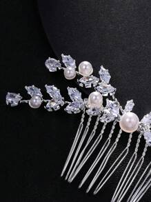 1pc Premium Crystal Zirconia Hair Comb, Elegant Pearl Headpiece For Brides, Wedding Dress Accessories