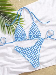 女士时尚性感格纹印花比基尼两件套泳衣套装