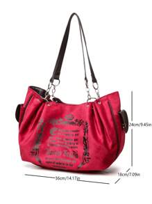 Anker 红色欧洲复古时尚链条肩带手提包，绒面革柔软字母印花优雅女士单肩托特包 - 酒紅色 - 查看 2