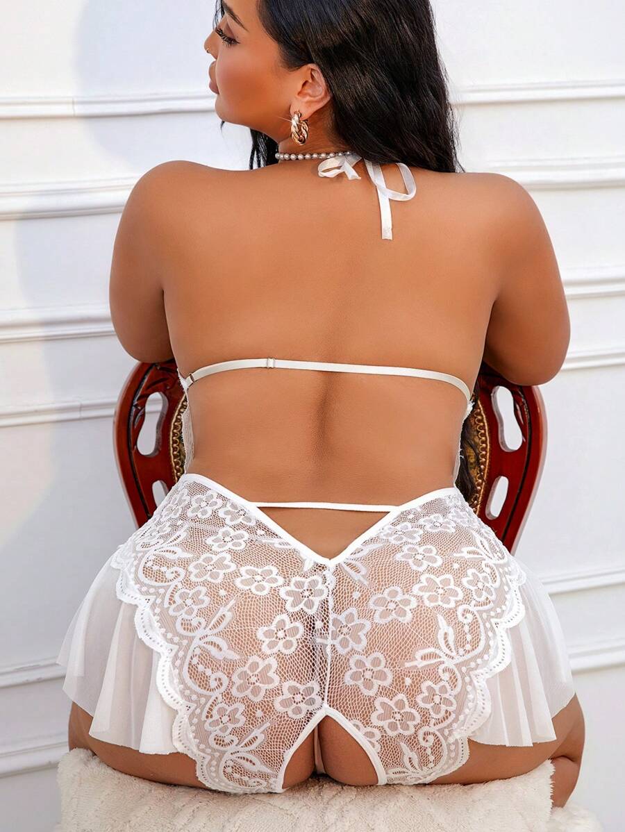 Plus Size Lace Sexy Lingerie, Backless Deep V-Neck See-Through Halter Nightwear, Suitable For Romantic Nights - trắng - Xem 1