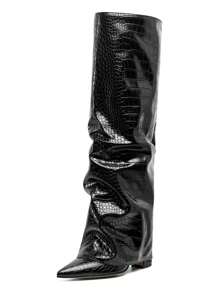 Knee High Fold Over Shark Boots For Women Slouchy Pointed Toe Block Thick High Heels Pull On Fashion Punk Pleated Boots Woman - 黑色 - 查看 2