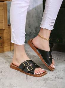 Teenagers' Buckle Slide Sandals – Chic Design, Ultra - Convenient For Quick Wear - Black - View 4