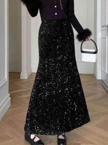 saia veludo com paete elegante - Preto - Visão 1