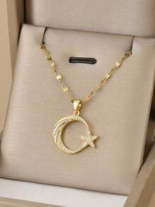 1pc Sparkling Star & Moon Studded Luxurious Stainless Steel Necklace For Women - Yellow Gold - View 1