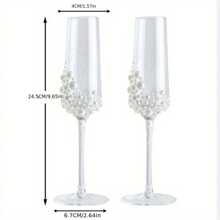 2pcs Elegant Pearl & Crystal Champagne Glasses - Handmade Calligraphic Design Transparent Glassware, Suitable For Weddings, Engagements, Valentine's Day, Mother's Day, Christmas, And Anniversary Gifts - Ideal For Family Gatherings, Parties And Special Occasions | Classic Champagne Flutes