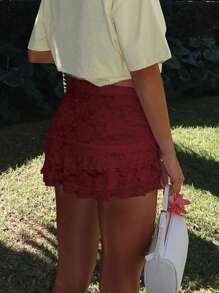 蕾丝松紧腰荷叶边休闲短裤，带侧拉链，舒适百搭，适合夏季日常穿着 - 酒紅色 - 查看 4