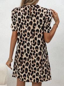 New Women's Leopard Print Round Neck Puff Sleeve Casual Short Sleeve Dress, Spring/Summer