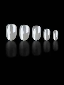 Instantly Upgrade Your Look With 24pcs Medium Oval French Style Simple Daily Classic Solid Color White Laser Full Cover Fake Nail Kit For Women And Girls