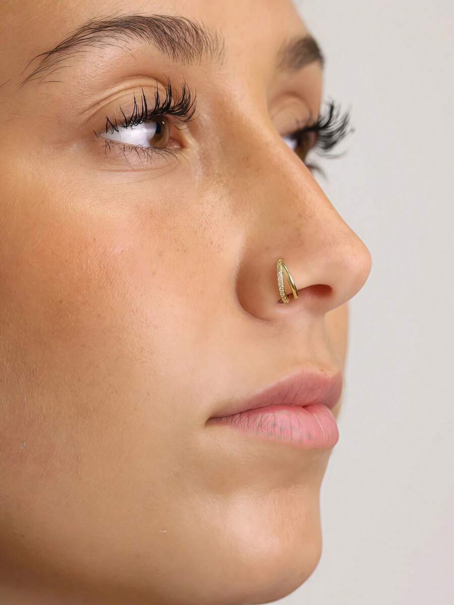 1 Piece Of S925 Double Hoop Single Row Diamond, Nose Ring, Conch Ring, Hoop Earrings, Concha Ring Tragus Ring Car Earrings - Double Layer Nose Ring Single Row Diamond - View 1