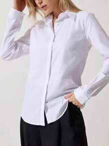 Women's Solid Color Long Sleeve Single-Breasted Blouse, Suitable For Work Commute - White - View 3