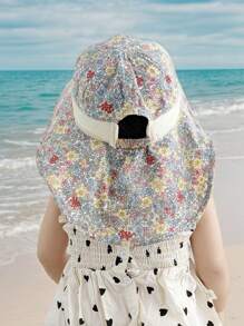 1 pieza Nuevo sombrero de sol con estampado floral pequeño para niña, ajustable, con correa a prueba de viento y malla transpirable, sombrero de playa de verano con pañuelo para niños