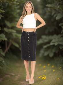 Denim Midi SkirtPlainCasualCuteDenimButtonPocketButton Frontdenim Skirt - Black - View 2